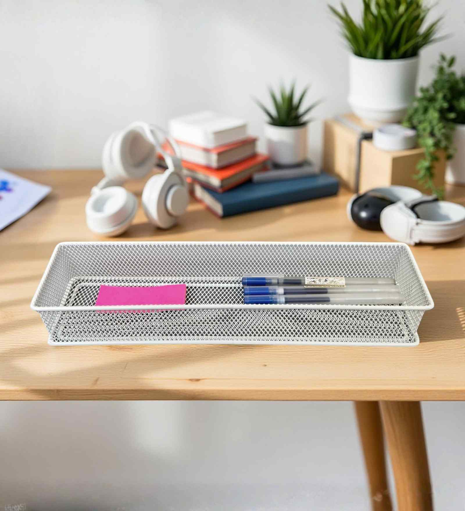 Slim Rectangular Ecru White Metal Mesh Desk Organizer Tray