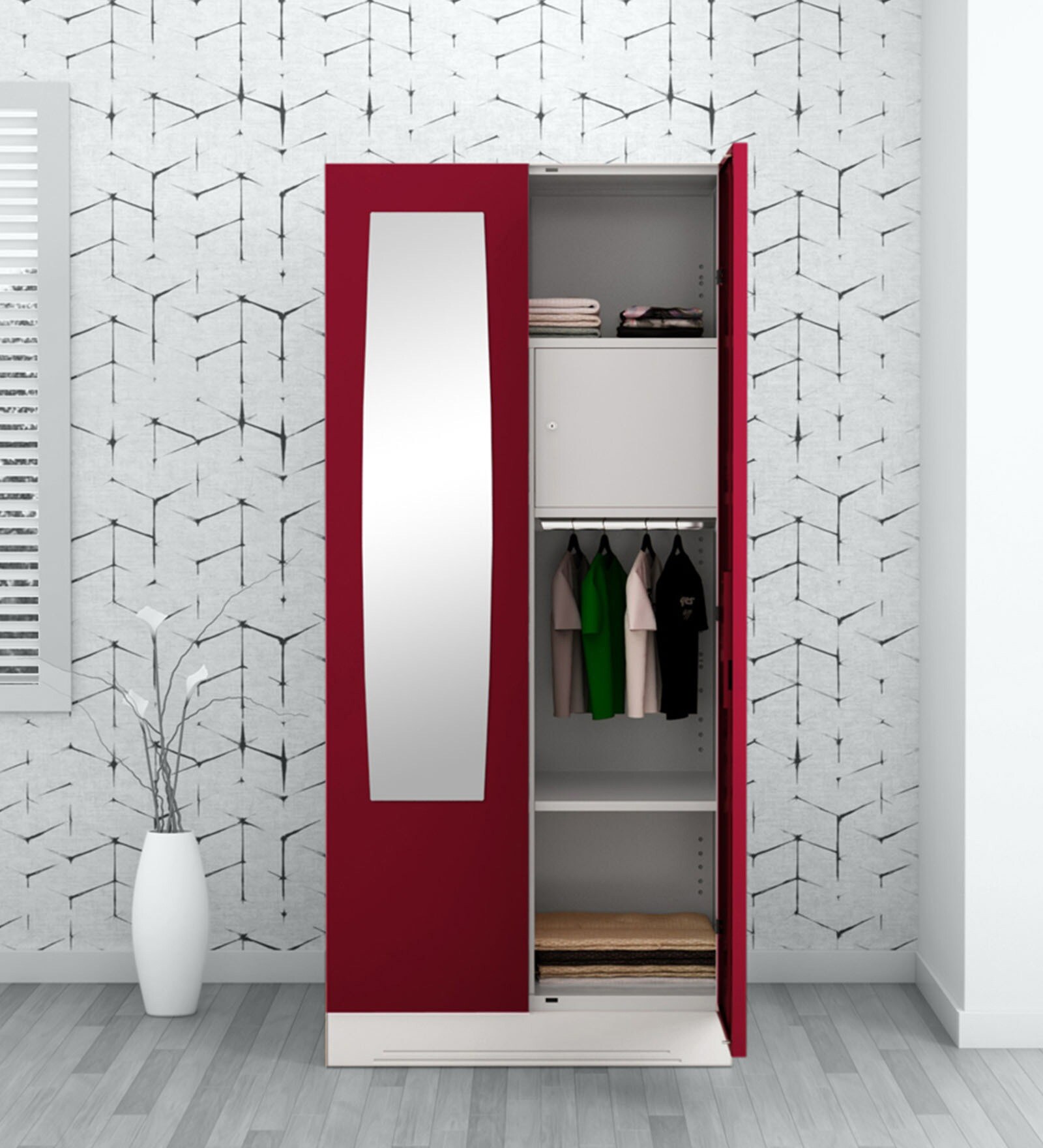 Slimline 2 Door Almirah with Mirror in Textured Ceremine Red Colour