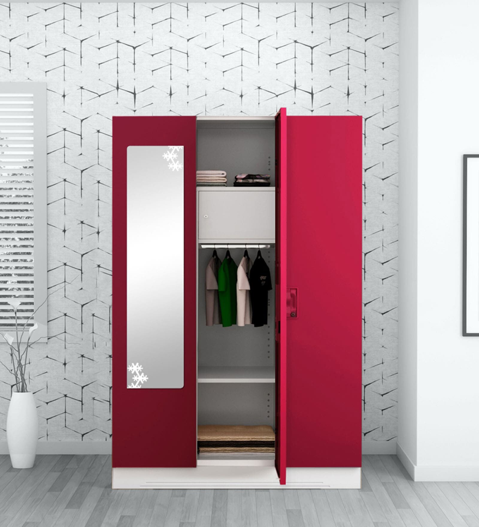 Slimline 3 Door Almirah in Textured Ceremine Red Colour Slimline 3 Door Almirah in Textured Ceremine Red Colour