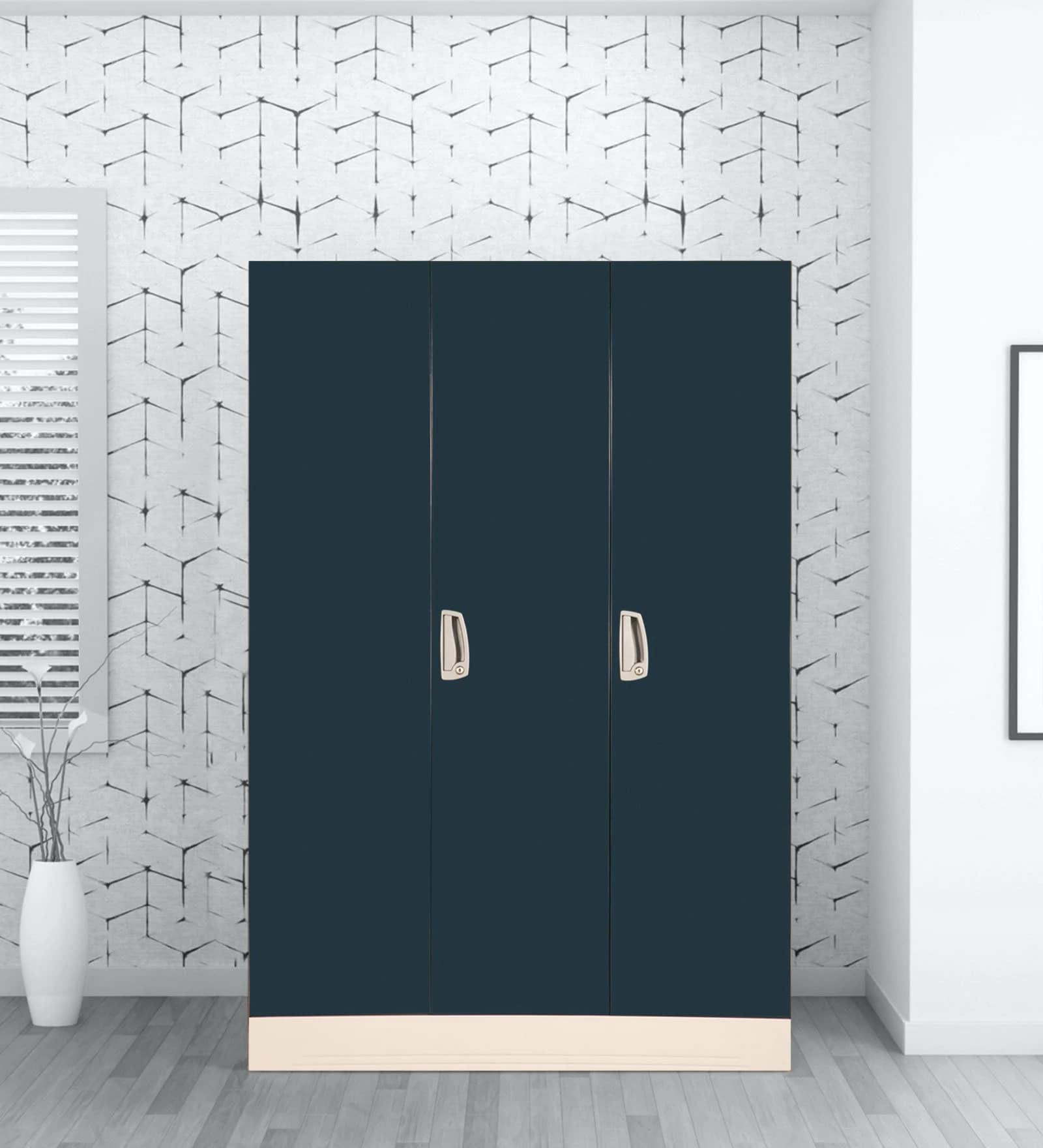 Slimline 3 Door Wardrobe with Drawer in Pacific Blue Colour Slimline 3 Door Wardrobe with Drawer in Pacific Blue Colour