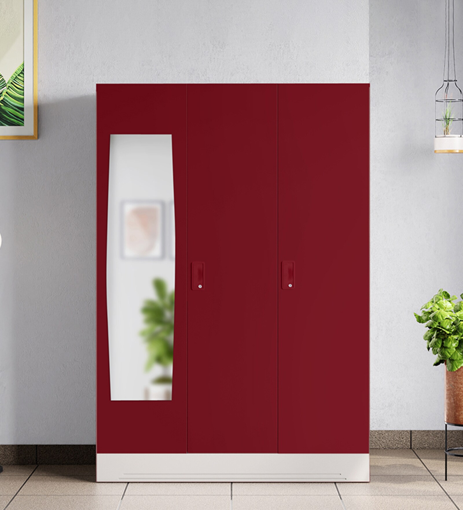 Slimline M1 Steel 3 Door Almirah in Textured Carmine Red Colour With Locker & Drawer Slimline M1 Steel 3 Door Almirah in Textured Carmine Red Colour With Locker & Drawer