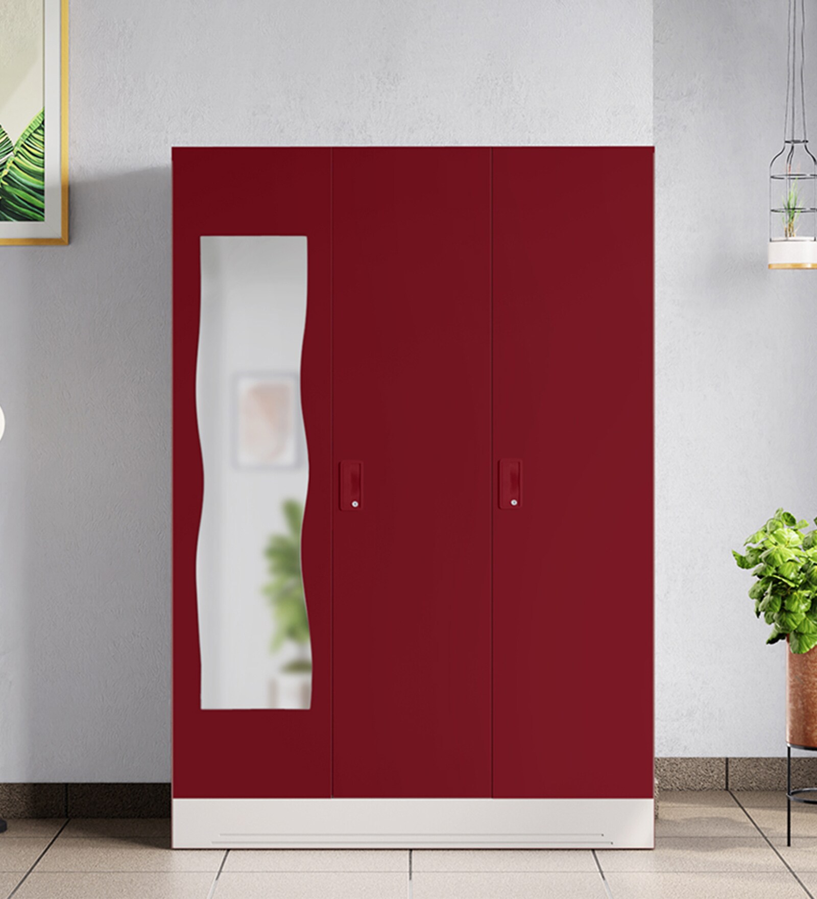Slimline M4 Steel 3 Door Almirah in Textured Carmine Red Colour With Locker & Drawer