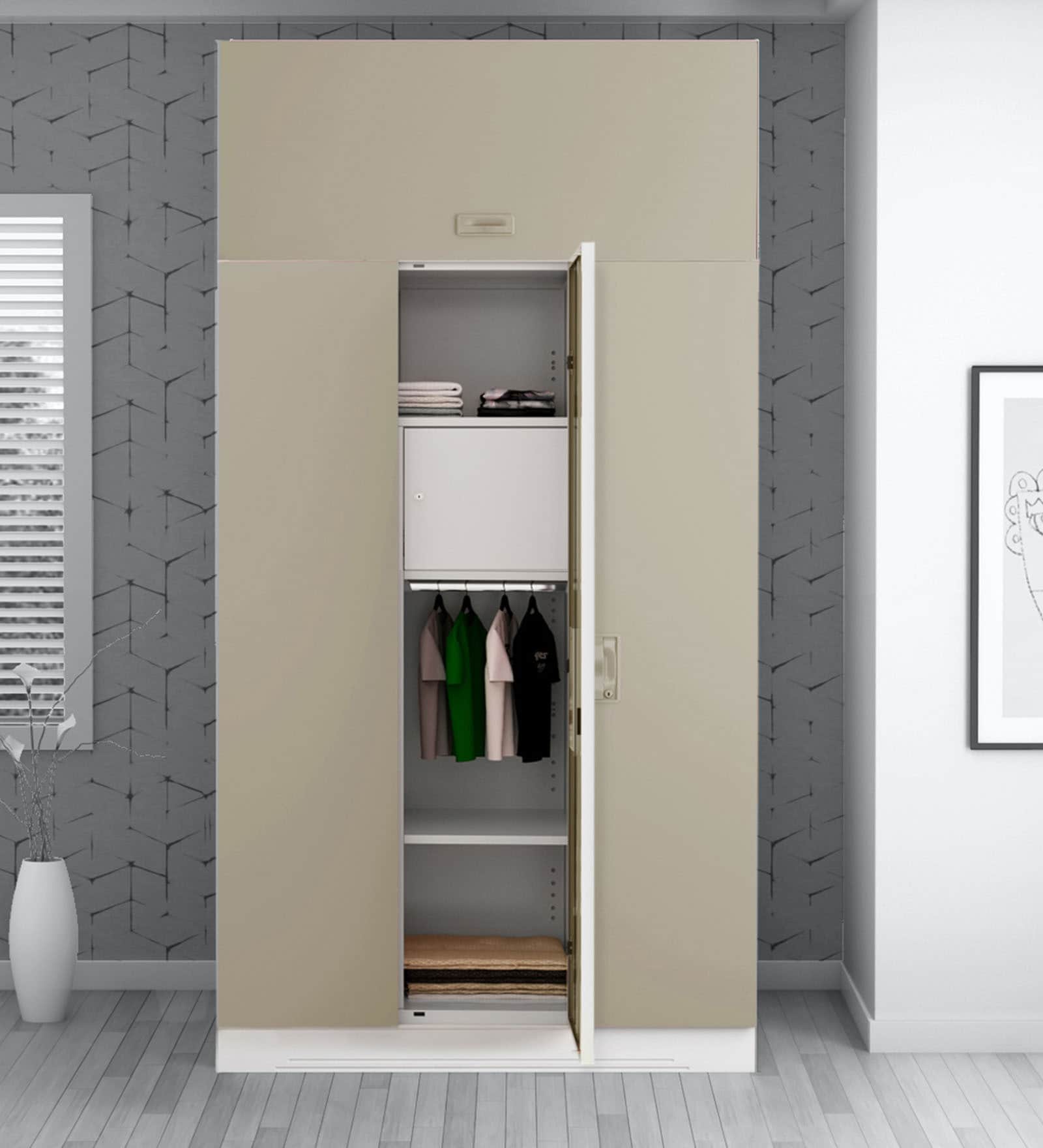 Slimline Metal 3 Door Almirah in Royal Ivory Finish with locker and drawer Slimline Metal 3 Door Almirah in Royal Ivory Finish with locker and drawer