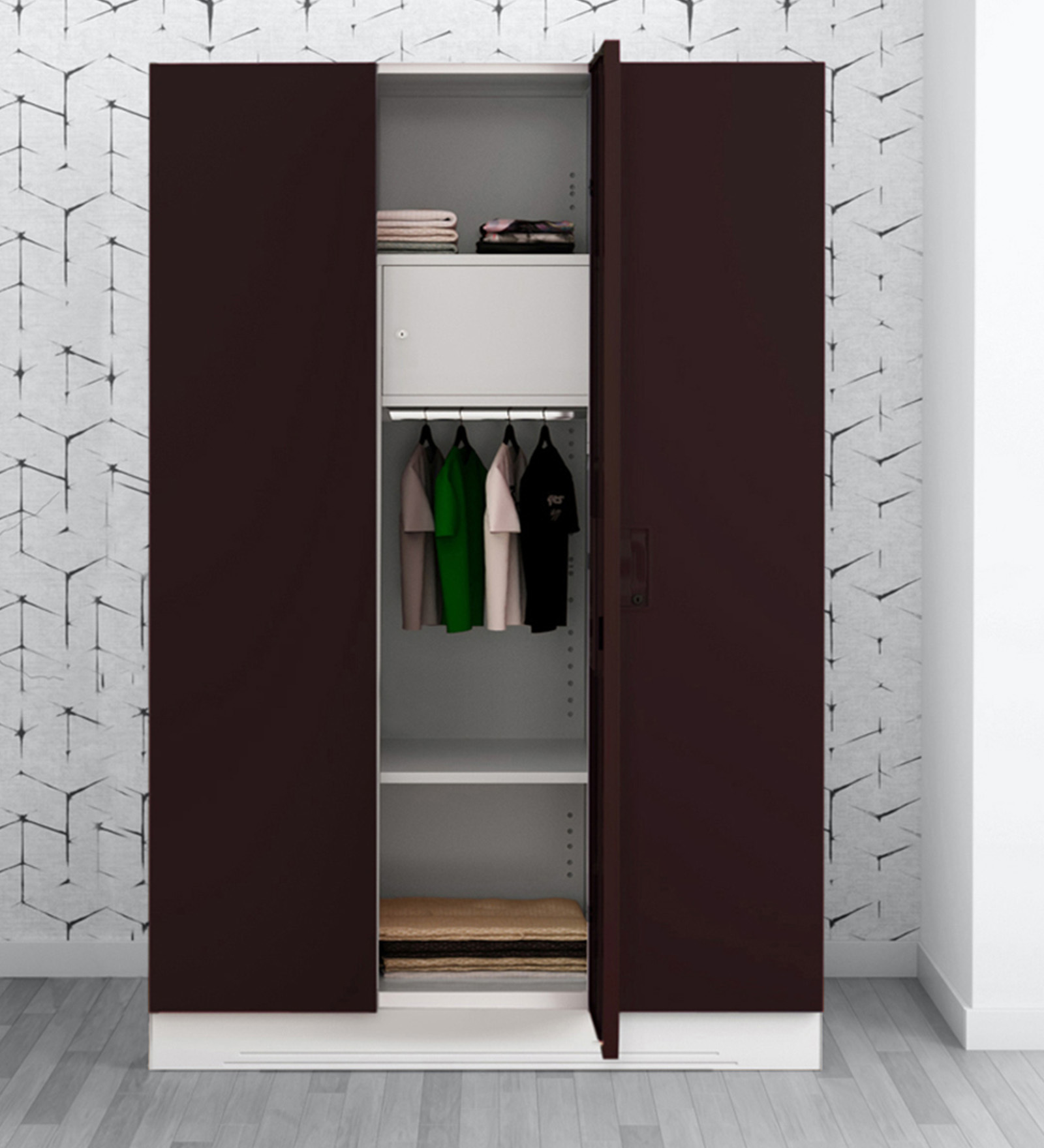 Slimline Metal 3 Door Almirah in Shell Wine Red Finish with hanger & shelf
