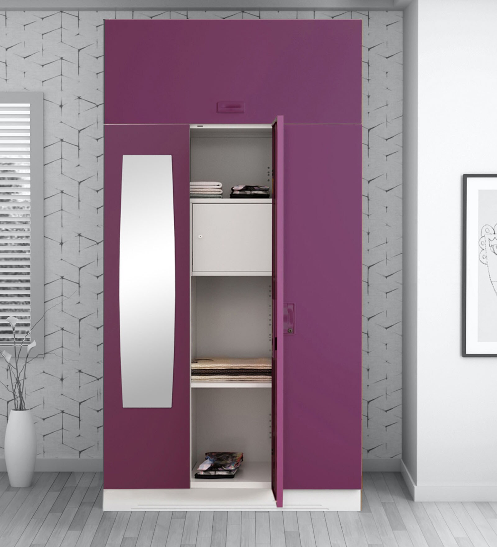 Slimline Metal 3 Door Almirah in Textured Purple Colour Slimline Metal 3 Door Almirah in Textured Purple Colour