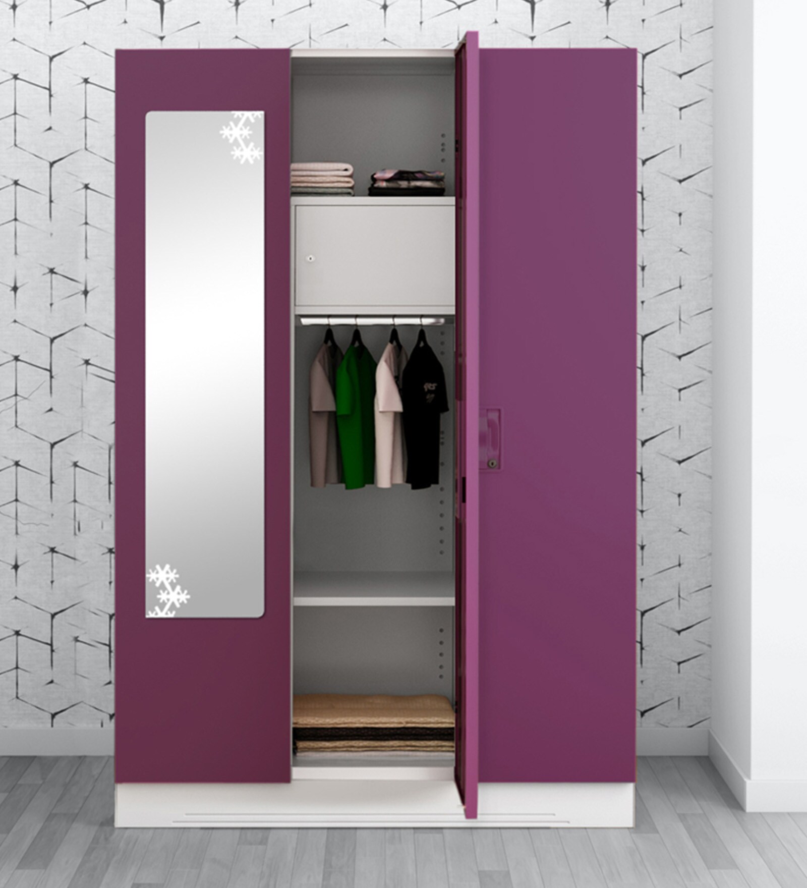 Slimline Metal 3 Door Almirah in Textured Purple Finish with Mirror,Locker & Hanger