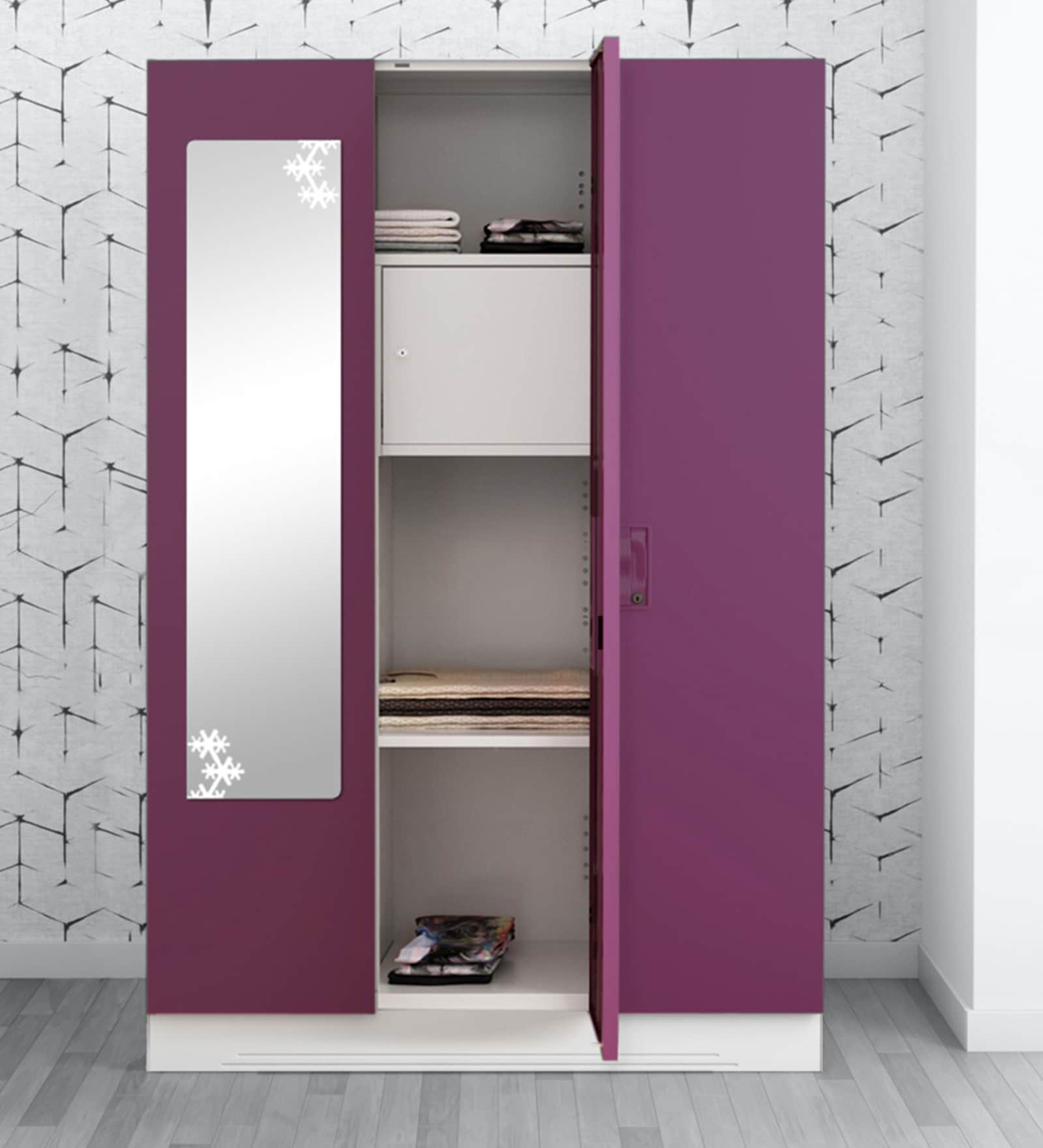 Slimline Metal 3 Door Almirah in Textured Purple Finish with Mirror & Locker Slimline Metal 3 Door Almirah in Textured Purple Finish with Mirror & Locker