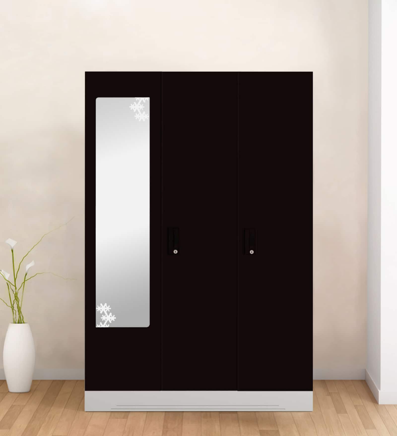 Slimline Metal 3 Door Almirah in Shell Wine Red Finish with Mirror & Hanger