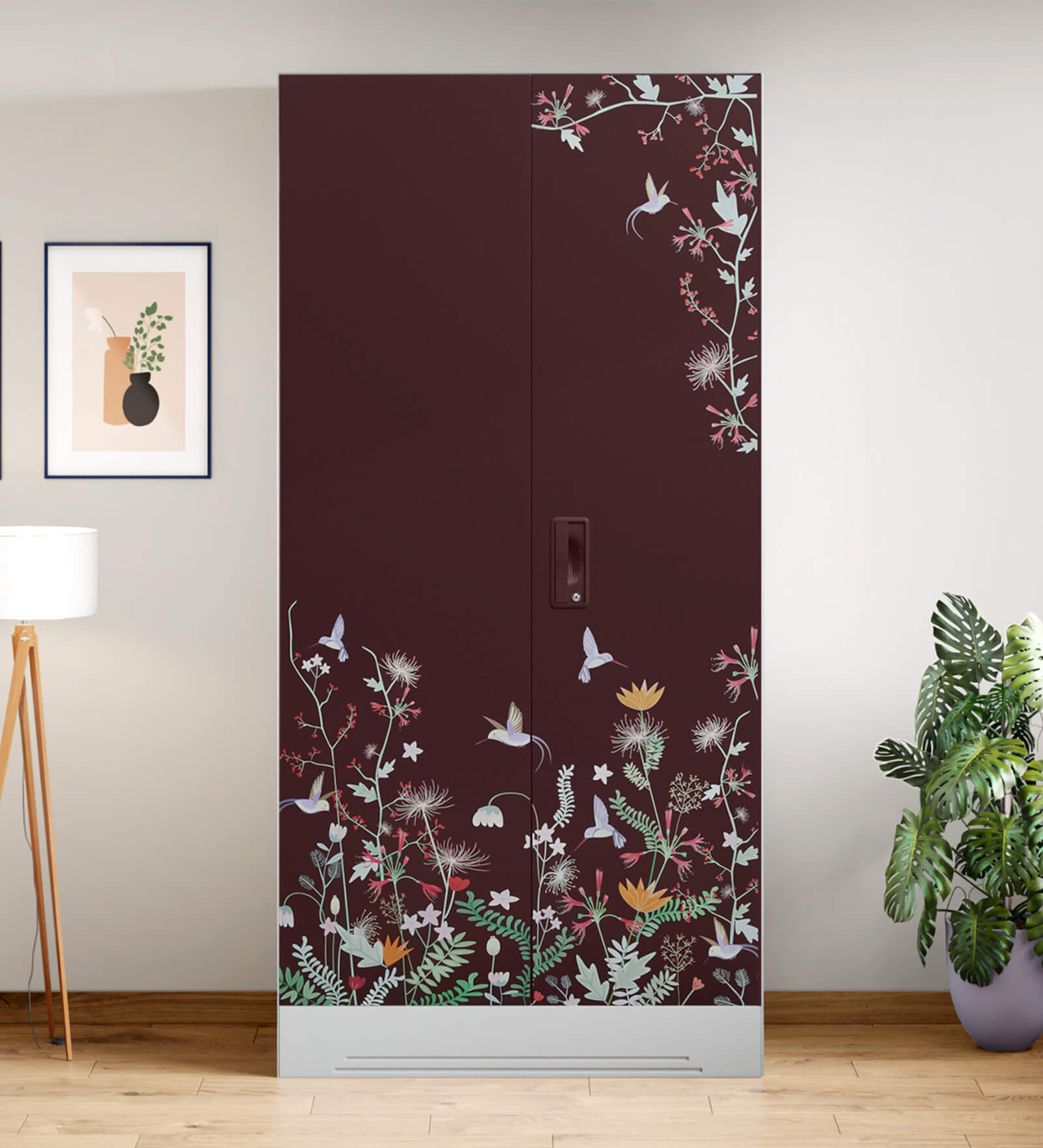 Slimline Printed Steel 2 Door Wardrobe In Russet Colour With Locker & Drawer