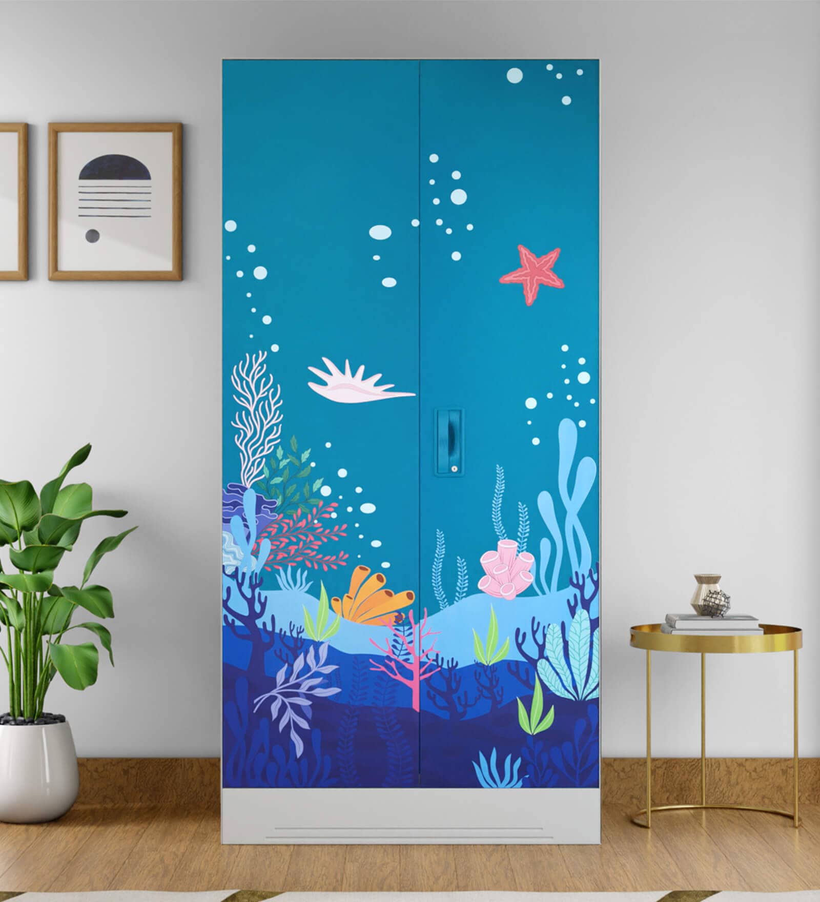 Slimline Printed Steel 2 Door Wardrobe In Teal Blue Colour With Locker