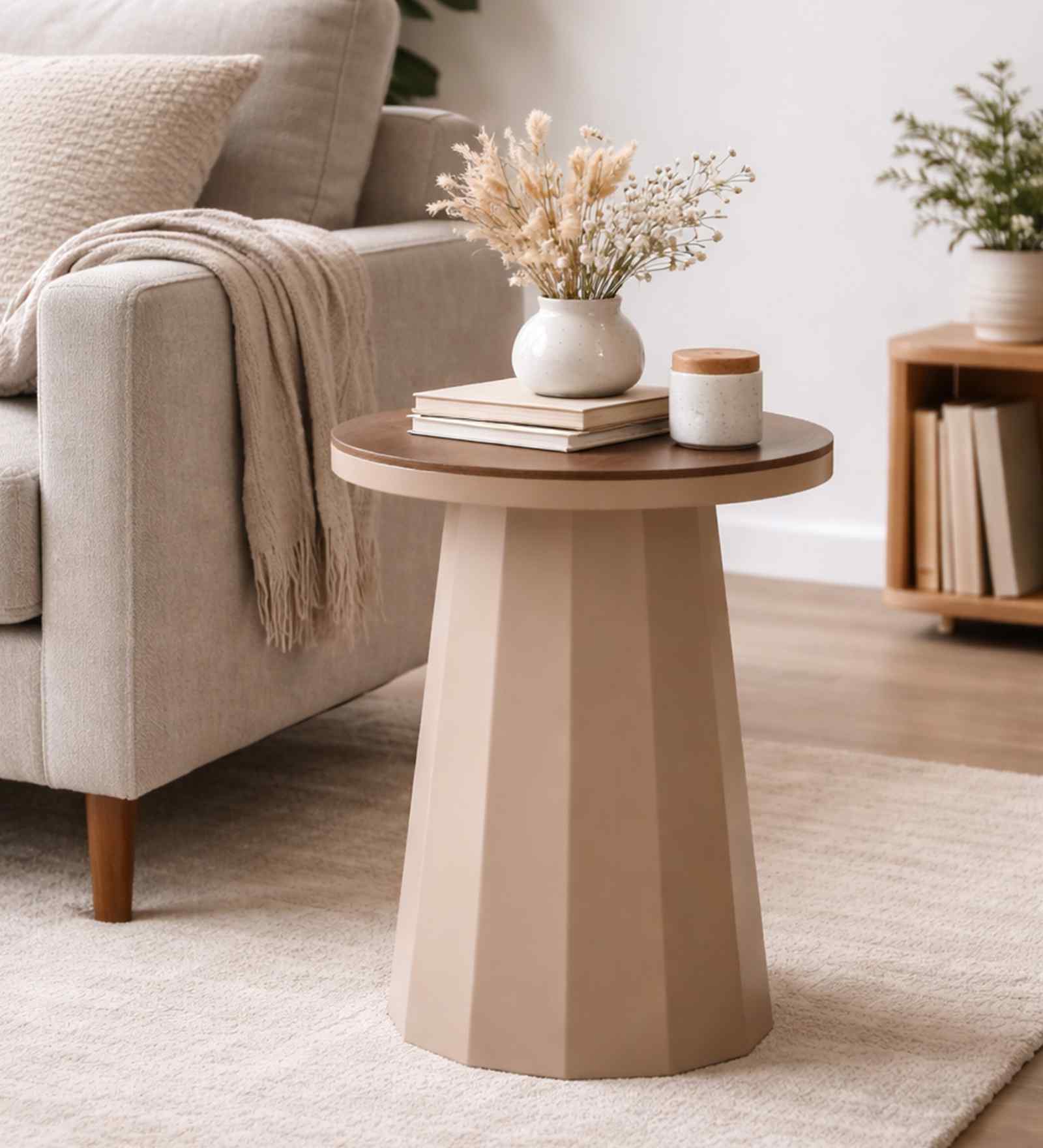 Slip Metal Side Table in Dusty Beige & Exotic Teak Finish