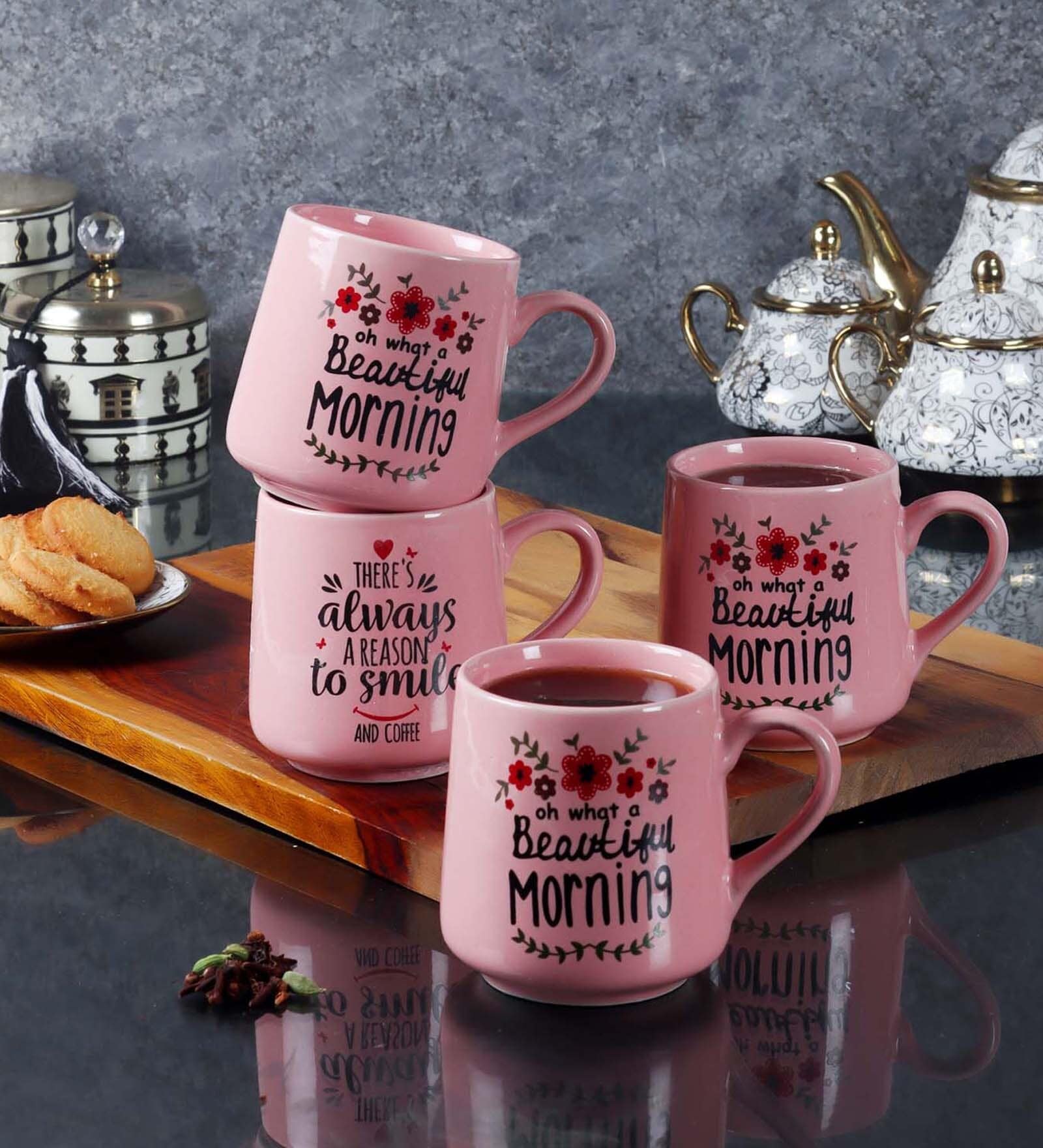Slogan Printed 300ml Pink & Black Ceramic (Set of 4) Coffee Mug