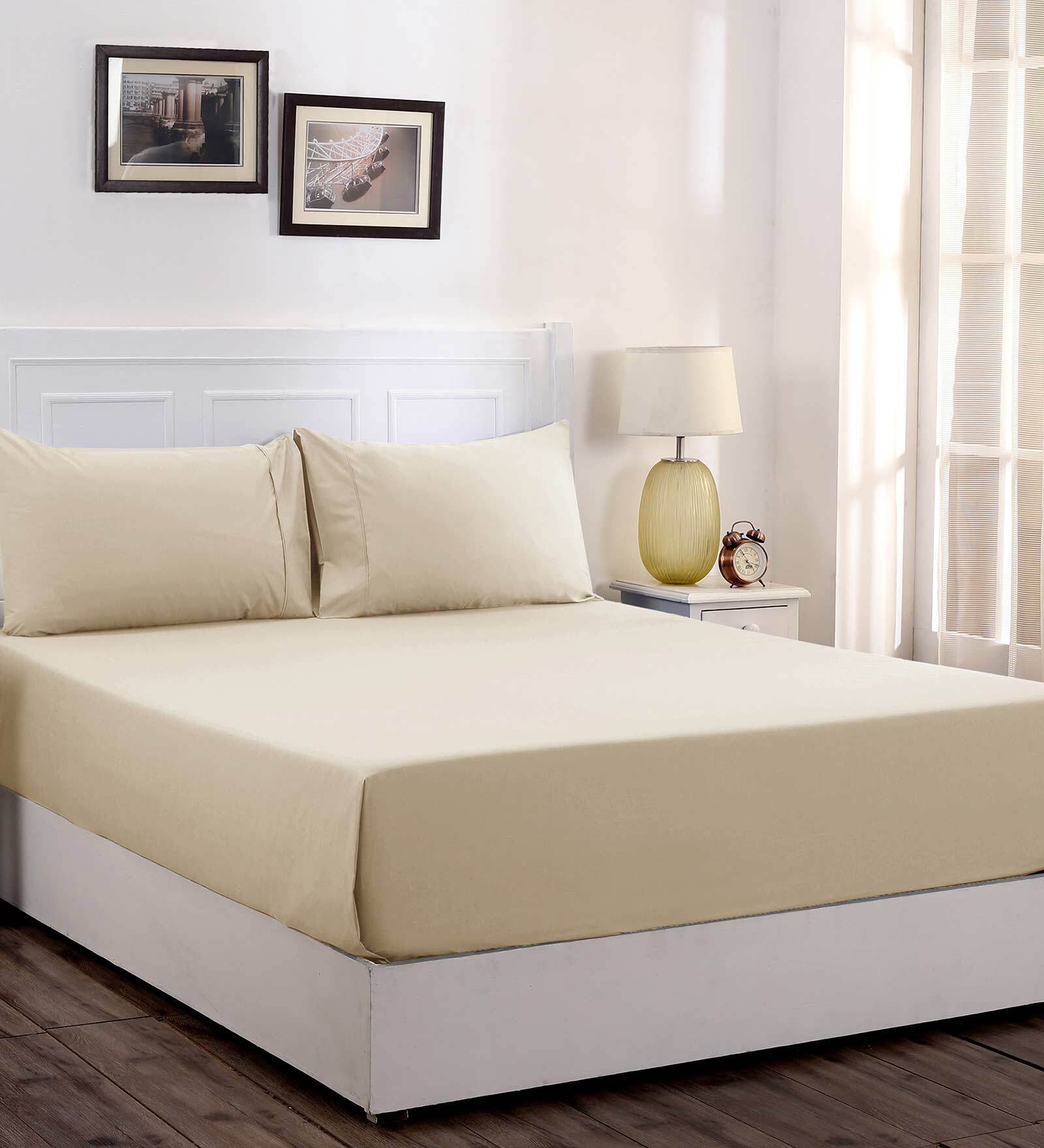 Beige Solid 200 TC 100% Cotton King Sized Bed Sheets with 2 Pillow Covers