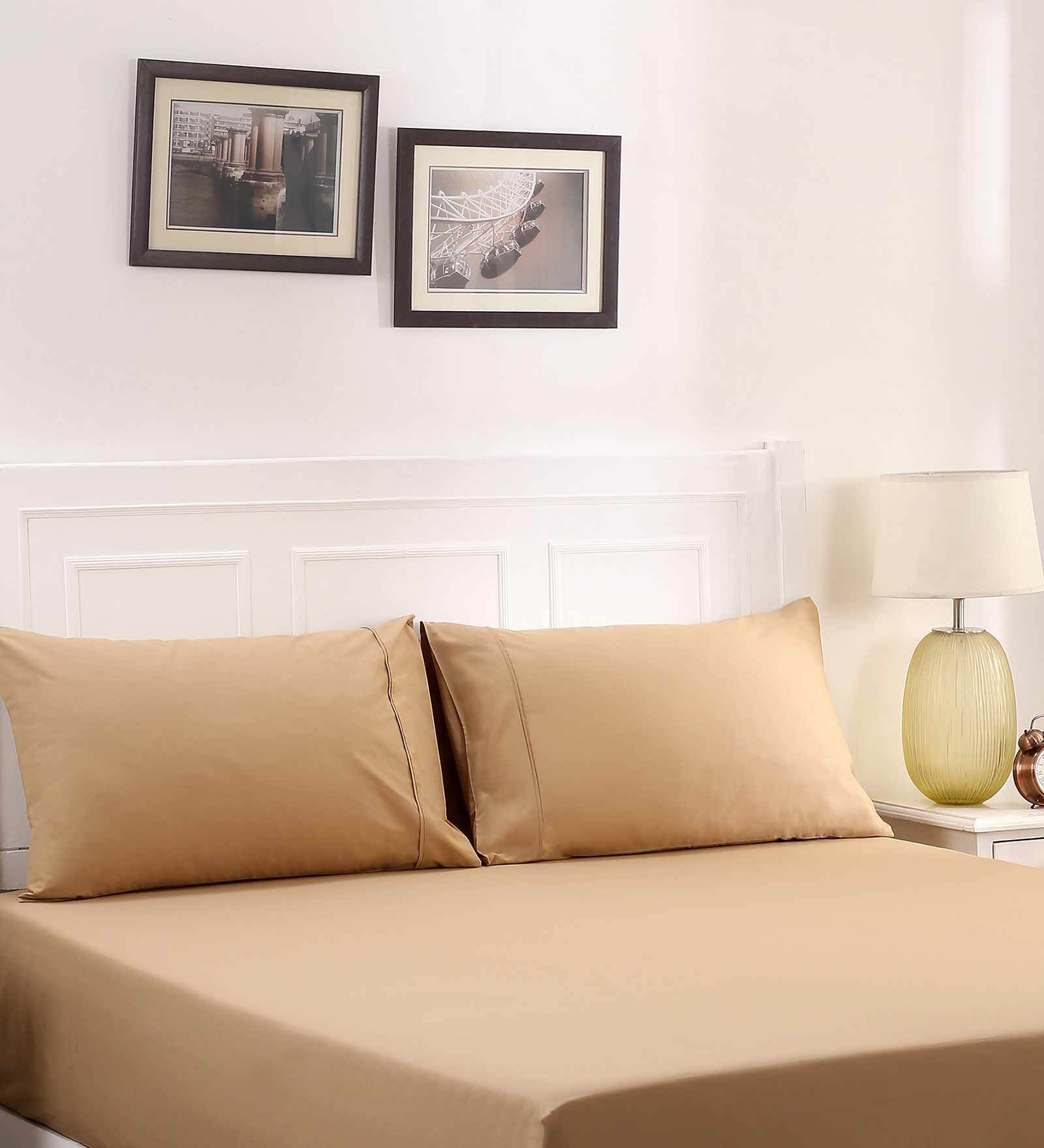Beige Solid 200 TC 100% Cotton Single Bed Sized Fitted Bed Sheets with 2 Pillow Covers