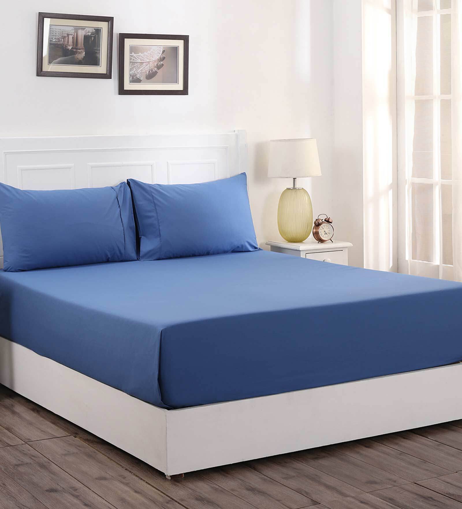 Blue Solid 200 TC 100% Cotton Single Bed Sized Bed Sheets With 1 Pillow Cover