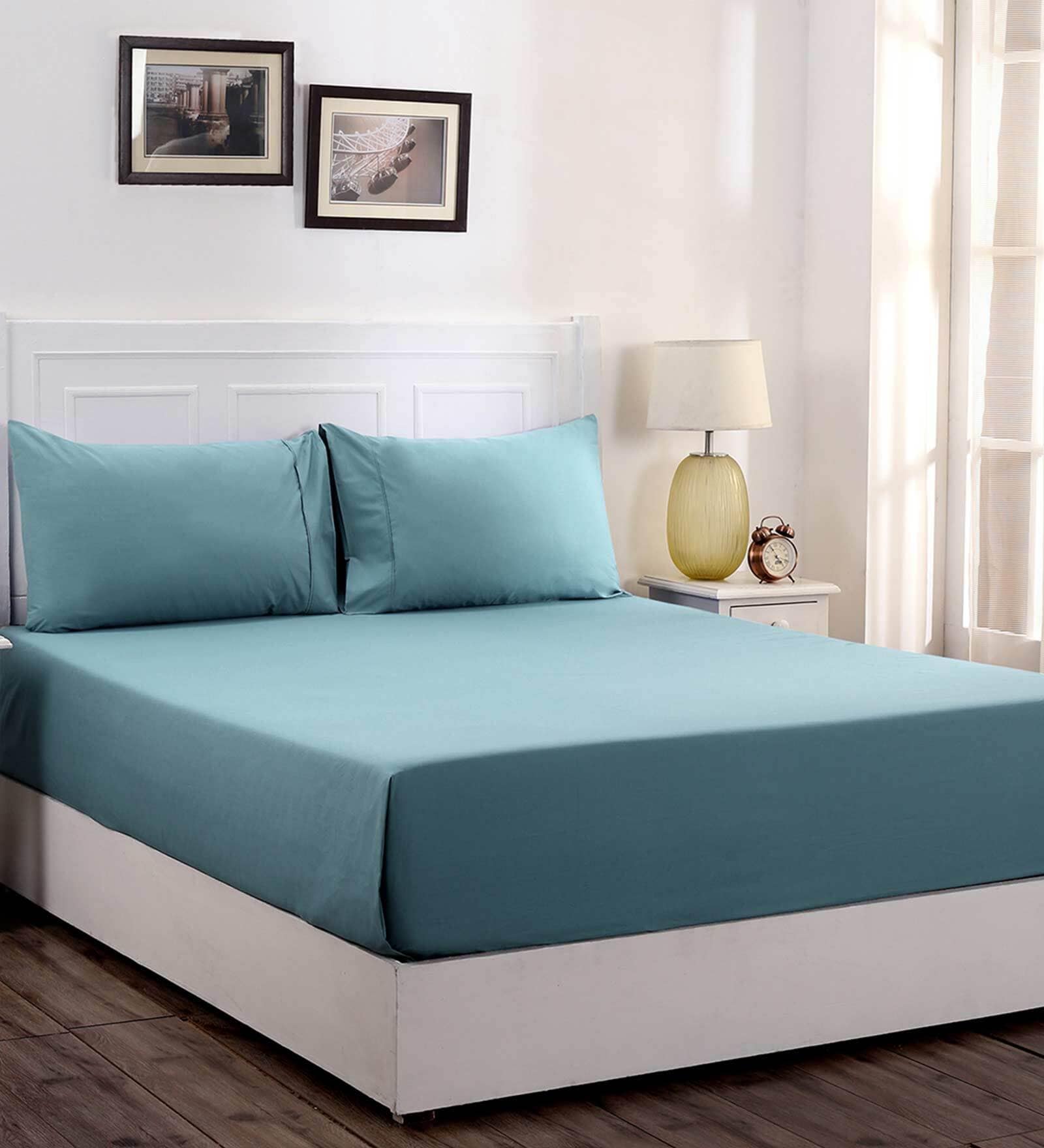Blue Solid 200 TC 100% Cotton Single Bed Sized Bed Sheets With 1 Pillow Cover