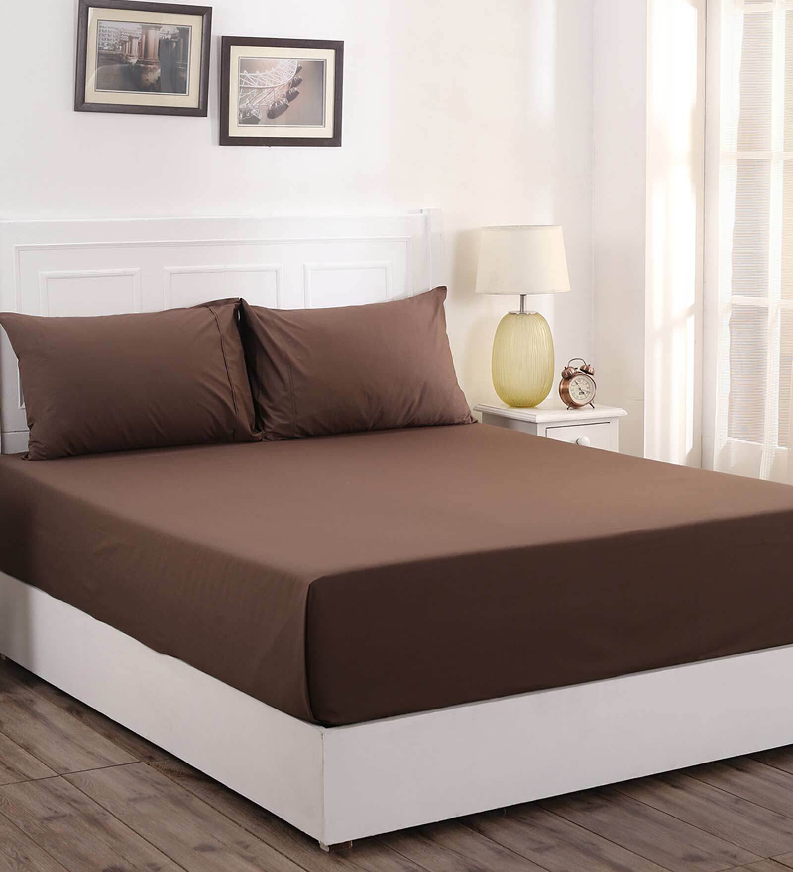 Brown Solid 200 TC 100% Cotton Single Bed Sized Bed Sheets With 1 Pillow Cover