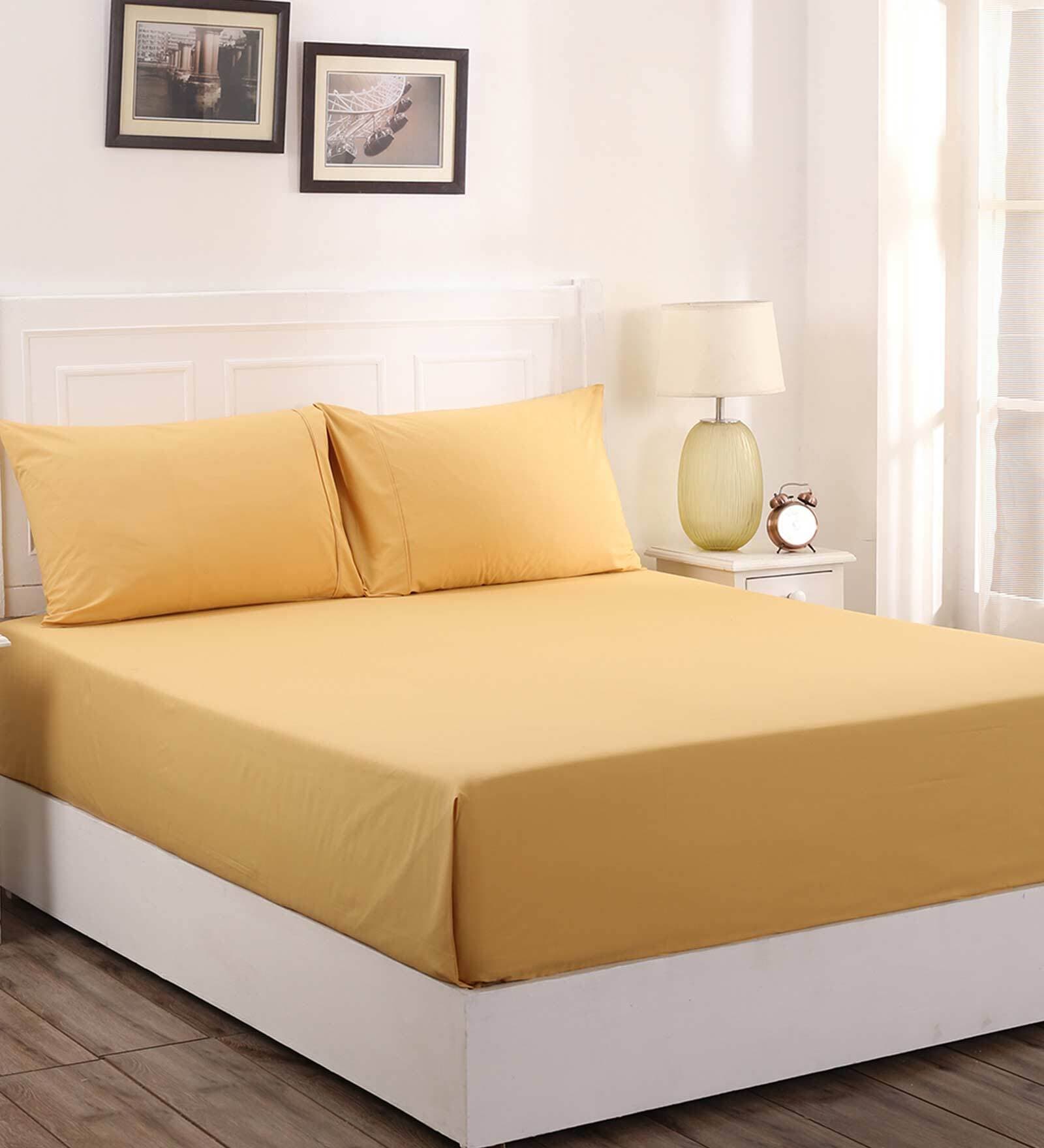 Gold Solid 200 TC 100% Cotton Single Bed Sized Bed Sheets With 1 Pillow Cover