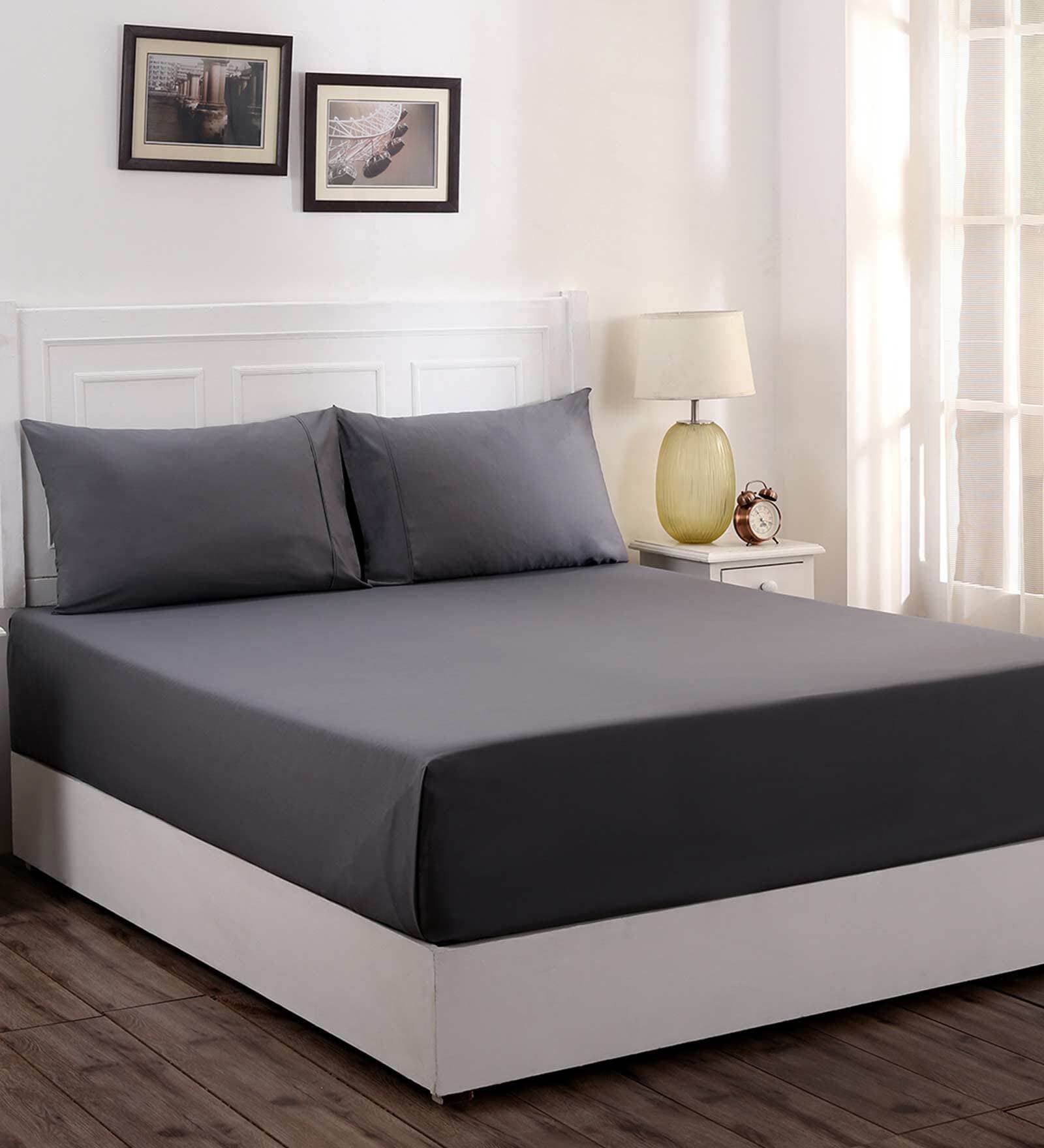 Grey Solid 200 TC 100% Cotton Single Bed Sized Bed Sheets With 1 Pillow Cover