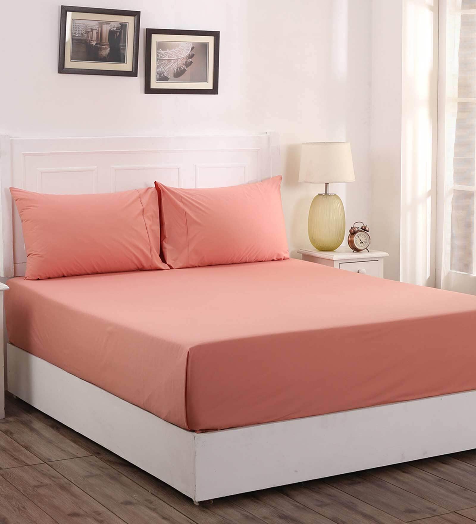 Peach Solid 200 TC 100% Cotton Single Bed Sized Bed Sheets With 1 Pillow Cover