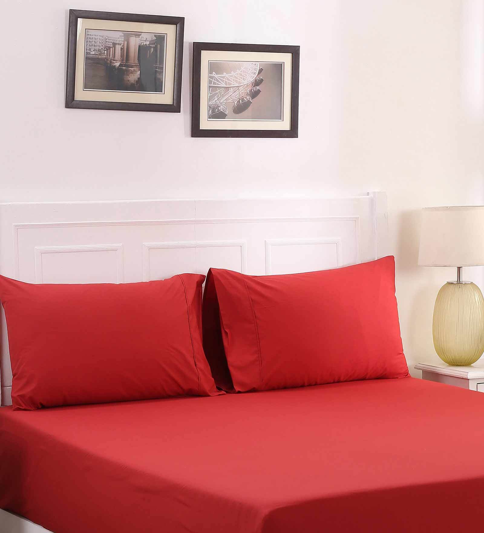 Red Solid 200 TC 100% Cotton Single Bed Sized Fitted Bed Sheets with 2 Pillow Covers