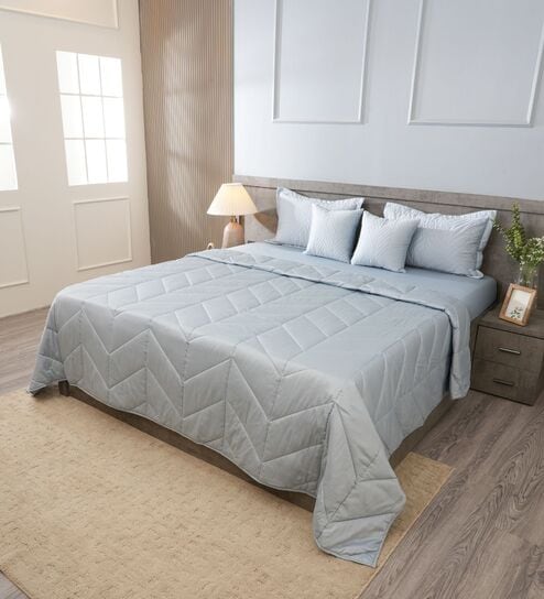 Slate Blue 300TC 100% Cotton Solid & Quilted Double Bedding Set