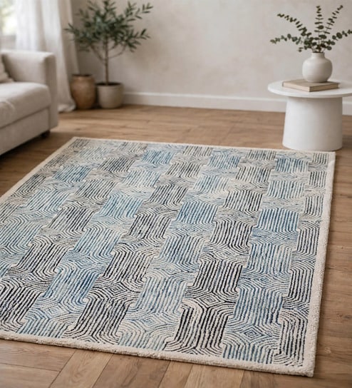 Slate Blue Stripped Wool And Cotton 5 X 8 Ft Hand Tufted Carpet