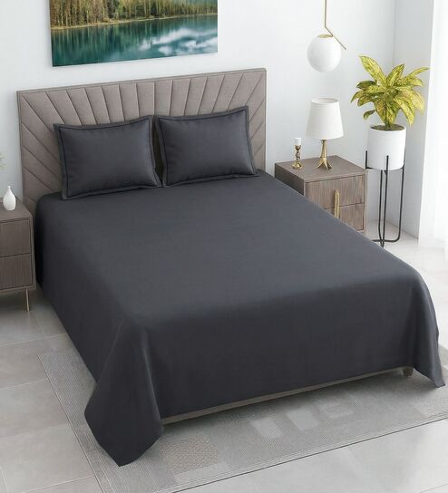 Slate Grey Solid 400 TC Cotton Satin Superking Size Bedsheet With 2 Pillow Covers