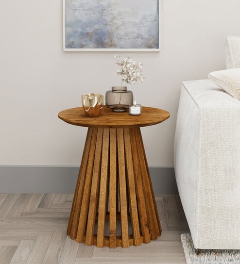 Slatted Solid Wood Side Table In Walnut Finish