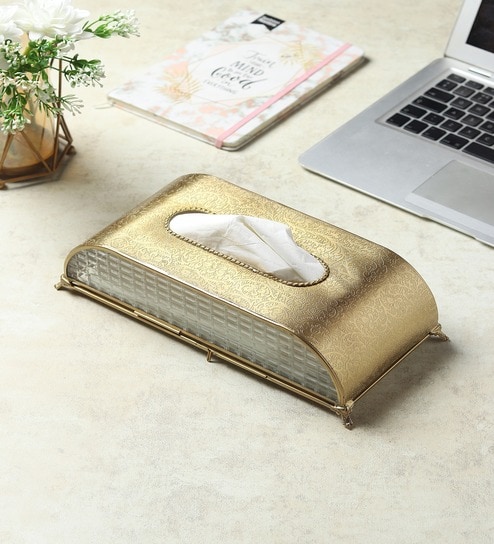Gold Glass Sleek Slant Diamond Crystal Napkin Box-image-2