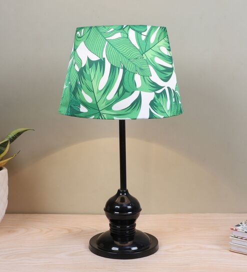 Sleek Spark Black Metal Table Lamp With Palm Print Satin Shade