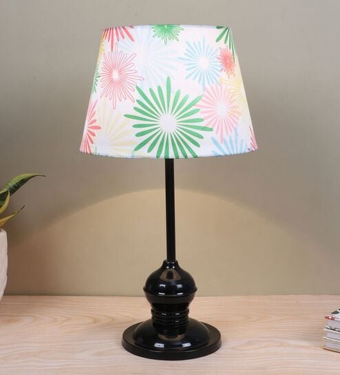 Sleek Spark Black Metal Table Lamp With Floral Print Satin Shade