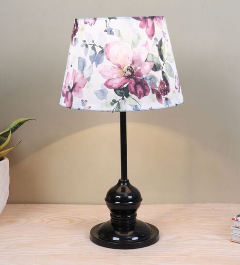 Sleek Spark Black Metal Table Lamp With Cobra Saffron Print Satin Shade