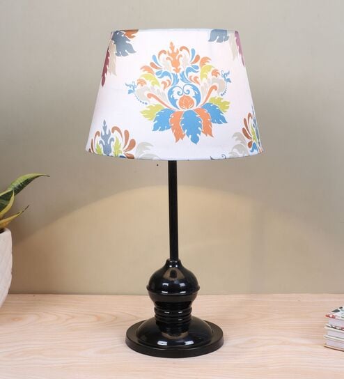 Sleek Spark Black Metal Table Lamp With English Oak Print Satin Shade