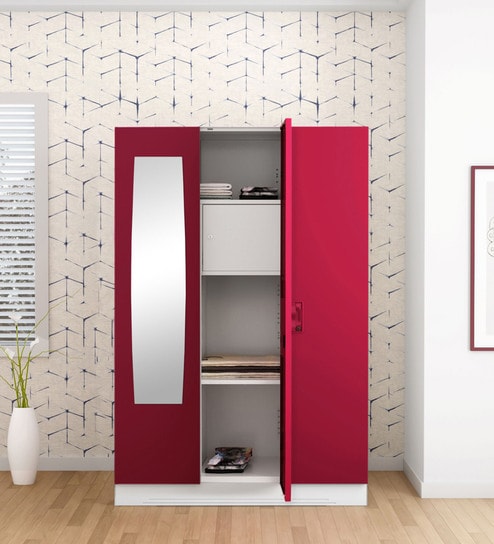 Buy Slimline Metal 3 Door Almirah In Textured Ceremine Red Colour