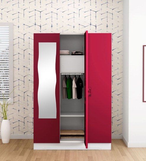 Buy Slimline Metal 3 Door Almirah In Textured Ceremine Red Colour