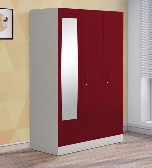 Buy Slimline Metal 3 Door Almirah In Textured Ceremine Red Colour