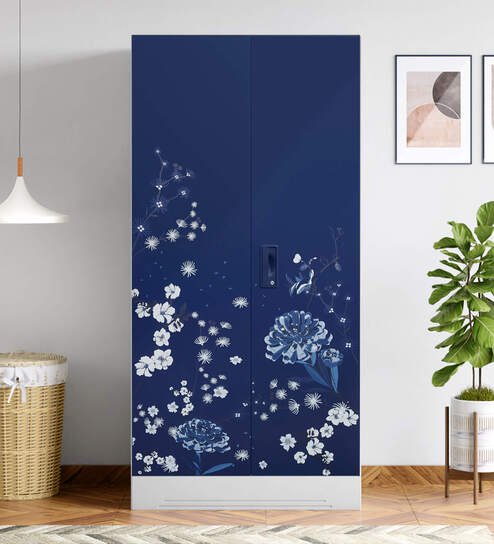 Slimline Printed Steel 2 Door Wardrobe In Midnight Blue Colour