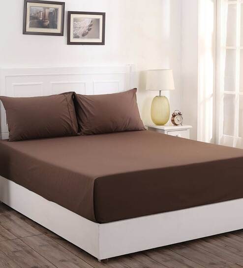 Brown Solid 200 TC 100% Cotton Single Bed Sized Bed Sheets With 1 Pillow Cover by Maspar