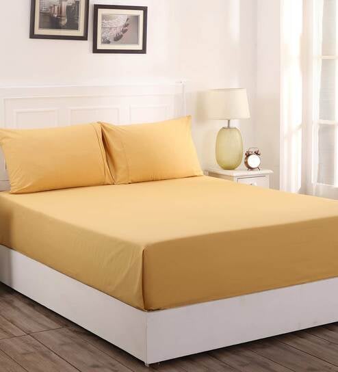 Gold Solid 200 TC 100% Cotton King Sized Bed Sheets with 2 Pillow Covers