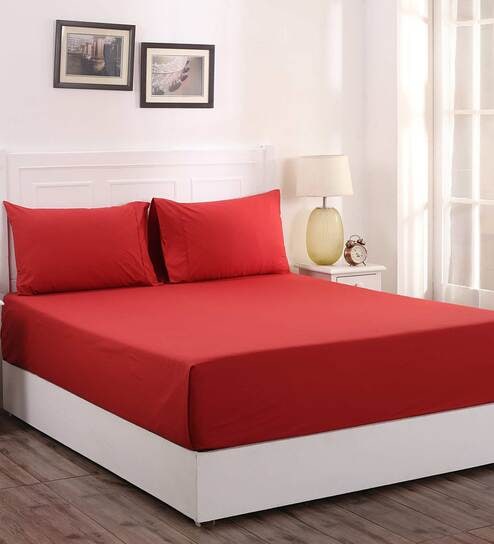 Red Solid 200 TC 100% Cotton Single Bed Sized Bed Sheets With 1 Pillow Cover by Maspar