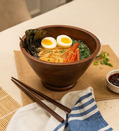 SlurpUp Brown Acacia Wood Handcrafted Ramen Bowl with 2 Chopsticks