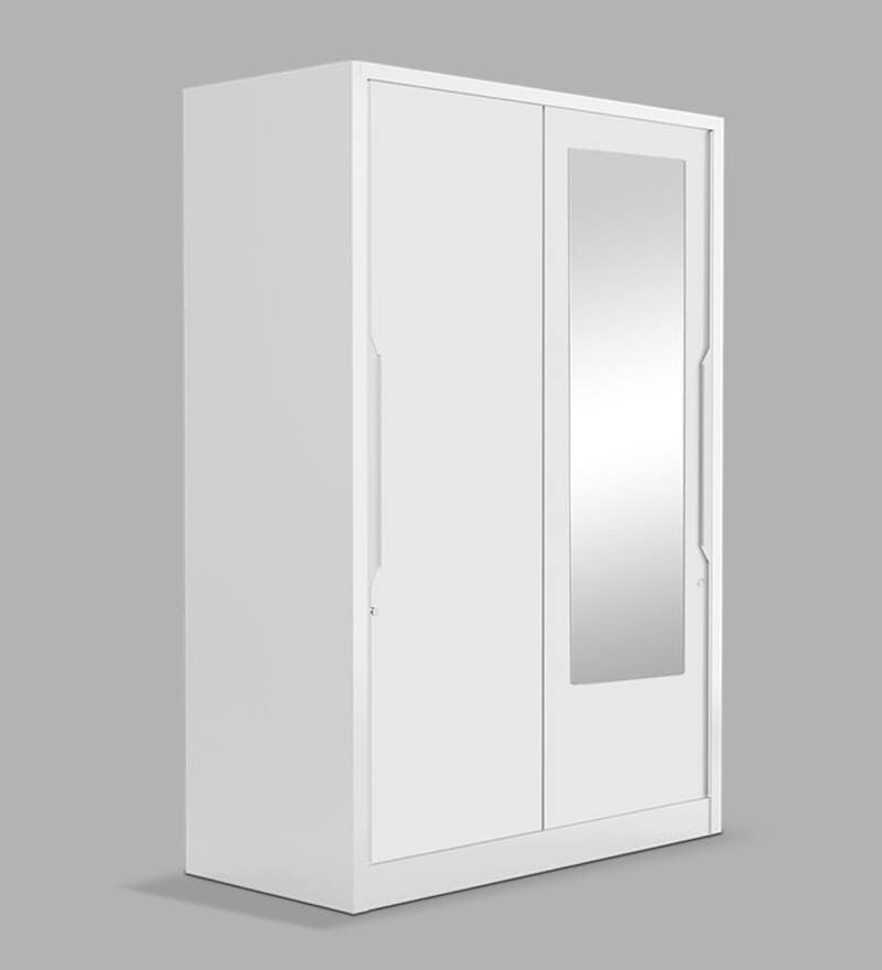 Buy Slide Metal Sliding Door Wardrobe in Bond White Colour with Mirror