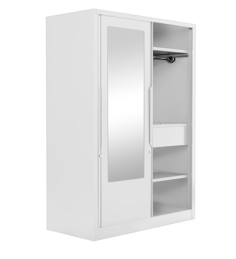 Buy Slide Metal Sliding Door Wardrobe in Bond White Colour with Mirror by Godrej Interio Online