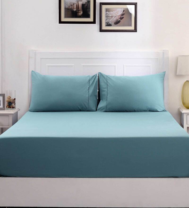 Buy Blue Solid 200 TC 100 Cotton King Sized Bed Sheets with 2 Pillow