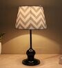 Sleek Spark Black Metal Table Lamp With Maze Print Satin Shade