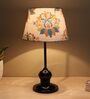 Sleek Spark Black Metal Table Lamp With English Oak Print Satin Shade
