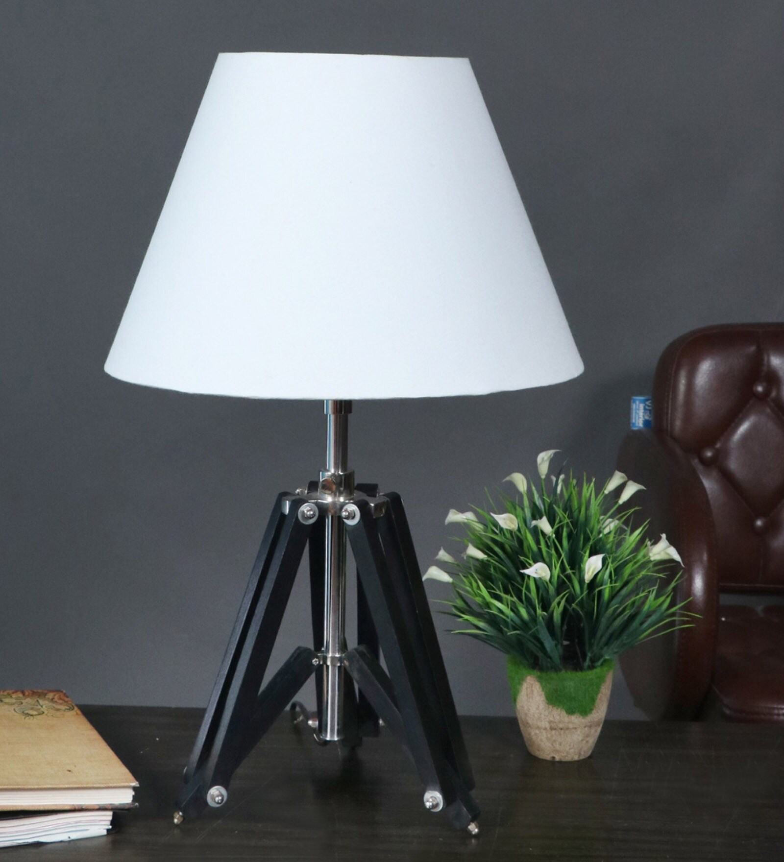 Small Black Tripod Table Lamp With Conical White Lampshade