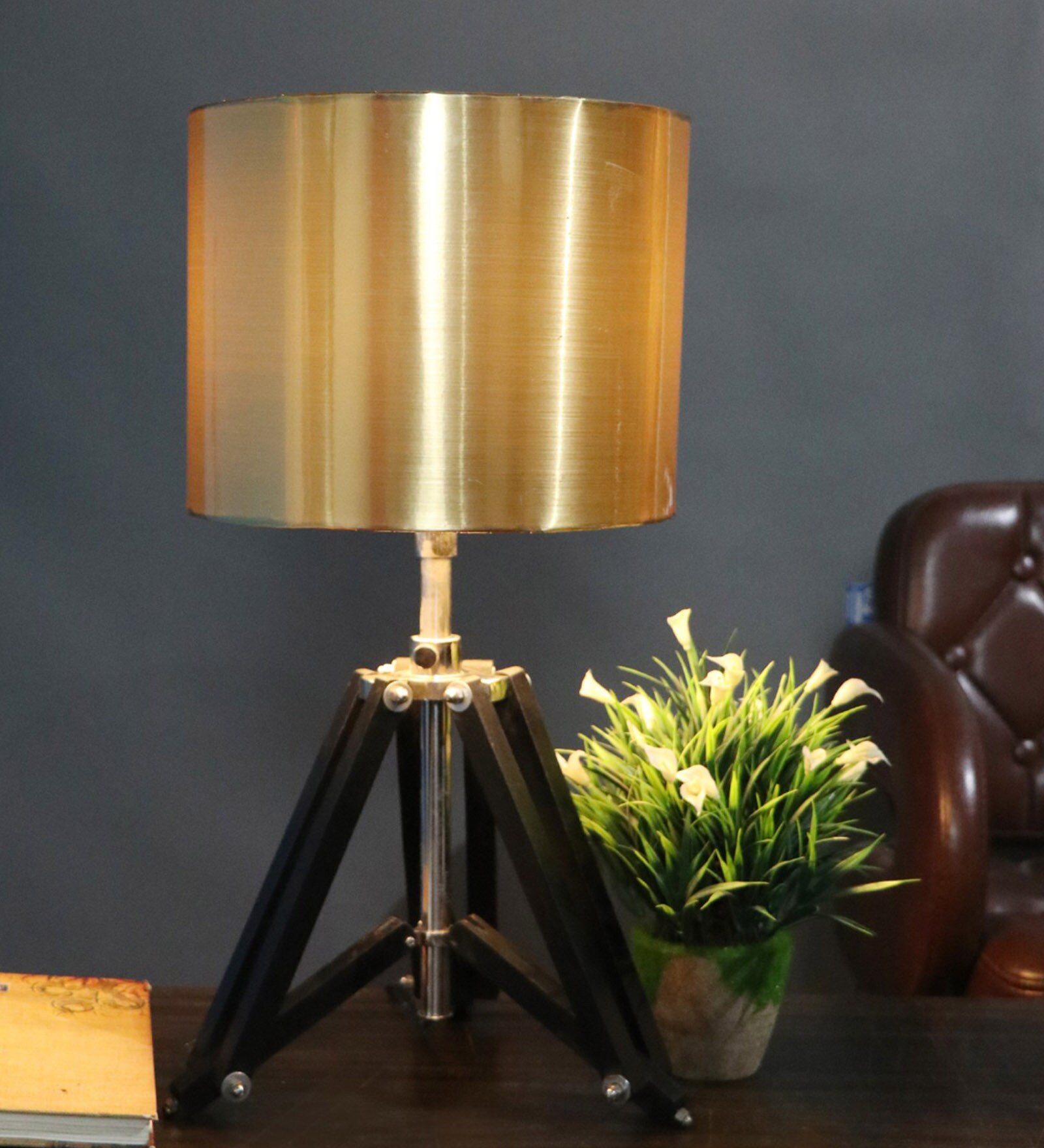 Buy Small Black Tripod Table Lamp With Golden Lampshade By Black Pearl