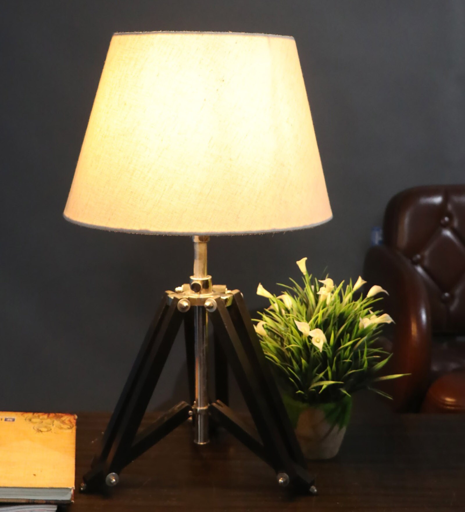 Small Black Tripod Table Lamp With Tapered Beige Lampshade